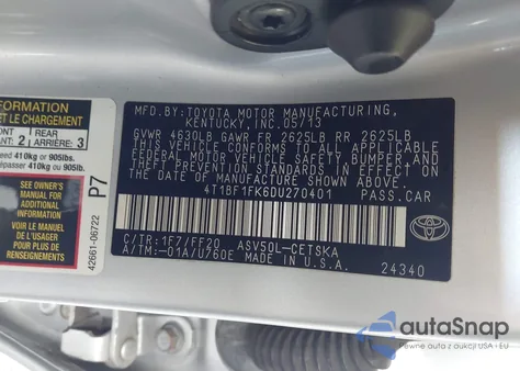 2013 Toyota Camry Se from USA, damaged, VIN 4T1BF1FK6DU270401